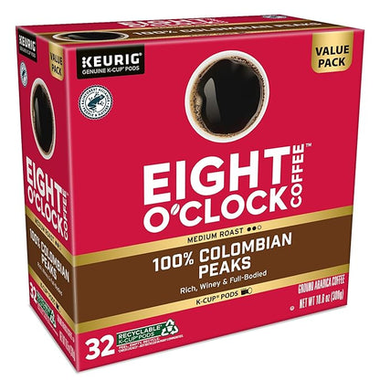 Eight O'Clock Coffee Colombian Peaks Single-Serve Keurig K-Cup Pods, Medium Roast Coffee Pods, 32 Count