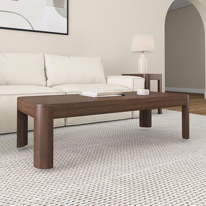 Plank+Beam Modern Rounded Coffee Table, 54 Inch, Solid Wood Contemporary Center Table for Living Room, Rectangle Tea Table, Walnut