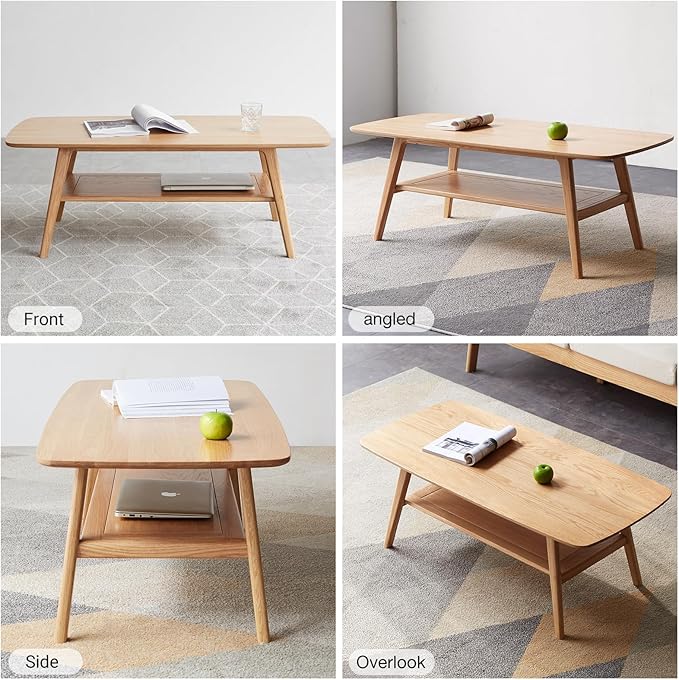 Wood Coffee Table - 2-Tier Oak Center Coffee Table with Storage Shelf for Living Room, Apartment, and Office