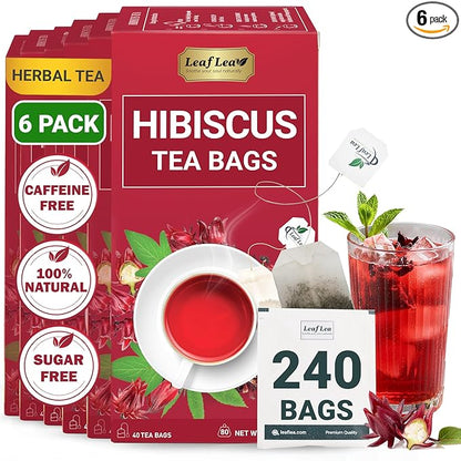 LeafLea Hibiscus Tea Bags – 240 Count, Individually Wrapped, 100% Natural Hibiscus Flower Herbal Tea, Caffeine-Free, Sugar-Free, Non-GMO, Rich in Flavor & Color, Te de Hibisco, Jamaica Tea (Pack of 6)