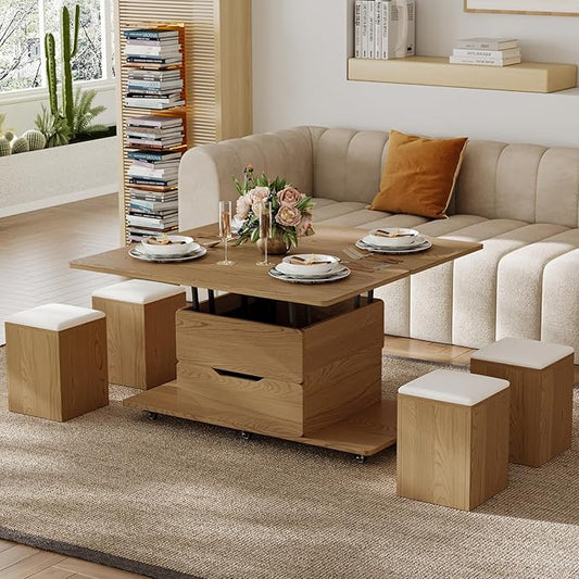 homary Natural Lift Top Coffee Table with Hidden Storage, 3 in 1 Multi-Function Modern Folding Center Table with 4 Stools and Casters