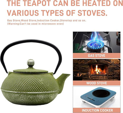 Cast Iron Teapot Tea Kettle with Stainless Steel Infuser for Stovetop Safe Coated with Enameled Interior Japanese Green Tetsubin for Loose Tea(30.4oz/900ml)