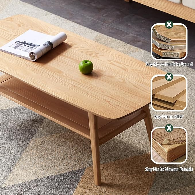 Wood Coffee Table - 100% Solid Oak Wood - Double Storage Coffee Table, Eco-Friendly Finish Center Table - Easy Assembly (Natural, 31.49" D x 19.68" W x 17.32" H)