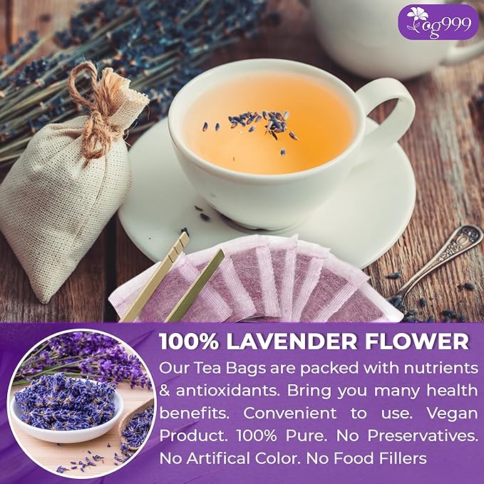 120 Lavender Flower Tea Bags, 100% Natural & Pure from Lavender Flowers. Loose Flower Lavender Herbal Tea. Lavender Flower Tea. No Sugar, No Caffeine, No Gluten, Vegan.