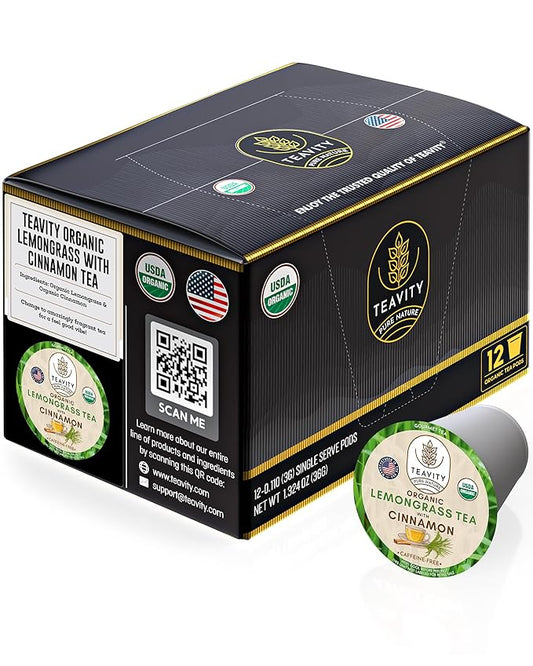 Teavity Organic Lemongrass and Cinnamon Tea Pods for Keurig - Naturally Decaffeinated Herbal Tea Blend (12 Pods)