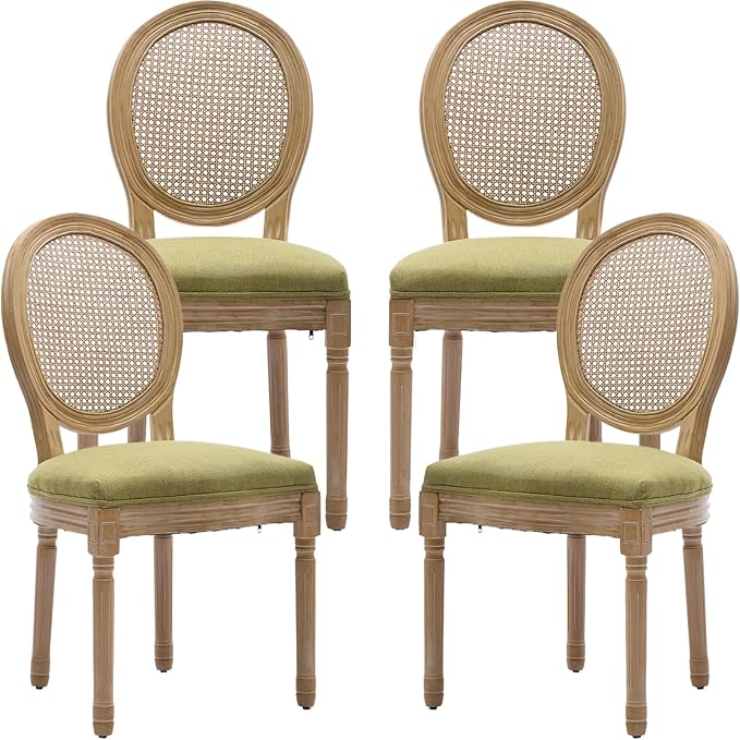 Vintage French Country Dining Chairs Set of 4, Rattan Dining Chairs with Solid Wood Legs, 4 Dining Chair Set, Sillas para Comedor, Kitchen & Dining Room Chair (Olive Green, Rattan, 4Pcs)