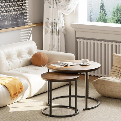aboxoo Coffee Table Nesting Round Table Set of 2 Side Table with Sturdy Metal Frame for Living Room Bedroom Apartment Modern Industrial Simple Nightstand,Rustic Brown