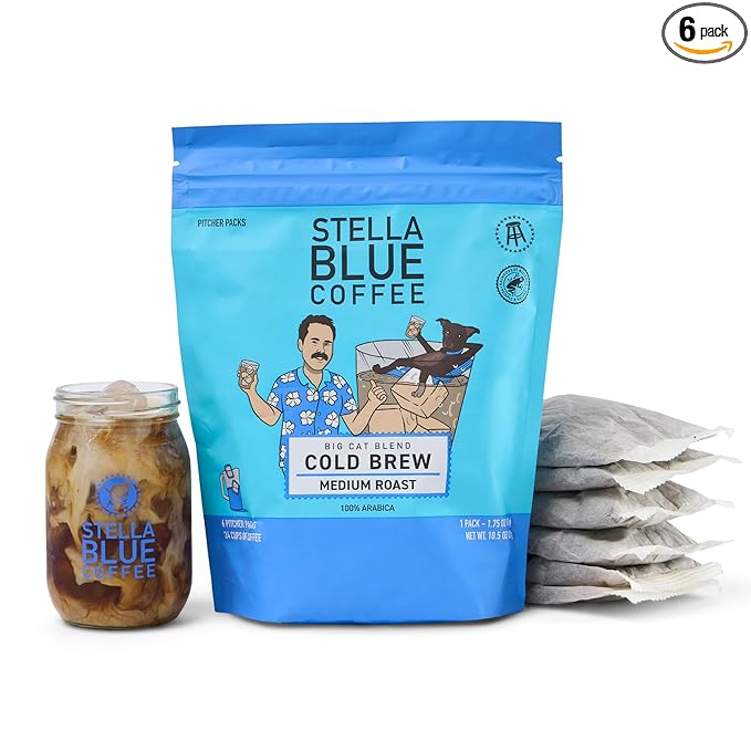 Stella Blue Cold Brew Coffee Bags, Big Cat Blend, Medium Roast Ground Coffee, Smooth, Bold and Refreshing 100% Arabica, 6 Brew Packets, Makes 24 Cups, Rainforest Alliance Certified