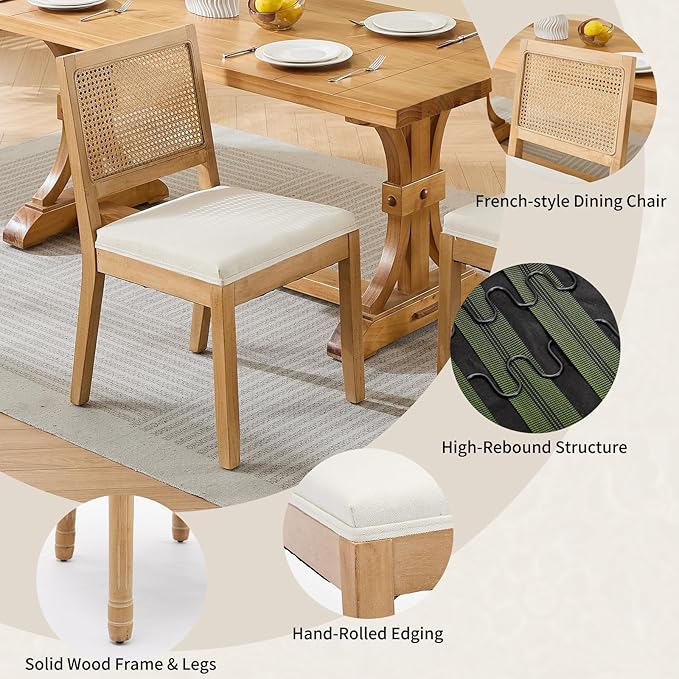 Vintage French Country Dining Chairs Set of 2, Rattan Dining Chairs with a Low Square Back, Beige Upholstered Dining Chair, Sillas para Comedor, Kitchen & Dining Room Chair (Beige, Rattan, 2Pcs)