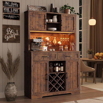 72" Coffee Bar Cabinet with Power Outlet & LED Light, Farmhouse Large Kitchen Hutch with Sliding Barn Door, Tall Bar Cabinets with Storage Drawers & Wine Glass Rack,Pantry China Cabinet,Vintage Brown