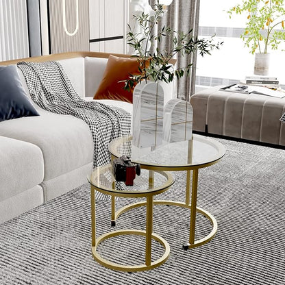 aboxoo Gold Nesting Coffee Table Set of 2, Small Glass Round Nesting Tables for Living Room Bedroom, Accent Tea Table with Metal Frame Modern Industrial Simple
