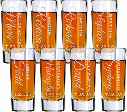 Custom Engraved 2 oz Shot Glass – Personalized Etching – Groomsman & Bridesmaid Gift – Wedding Favor Set of 8