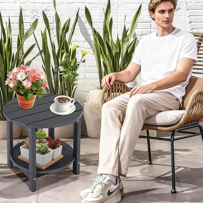 LZRS Round Adirondack Side Table Double End Table, Outdoor Side Tables for Patio, Backyard,Pool, Indoor Companion, Easy Maintenance & Weather Resistant(Grey)