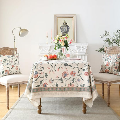 Designer Chinoiserie Linen Floral Table Cloth for Rectangle Table,White Wrinkle Resistant Tablecloth,Elegant Decor Tablecloths for Dining Thanksgiving Kitchen Party,55"*79"-Daffy