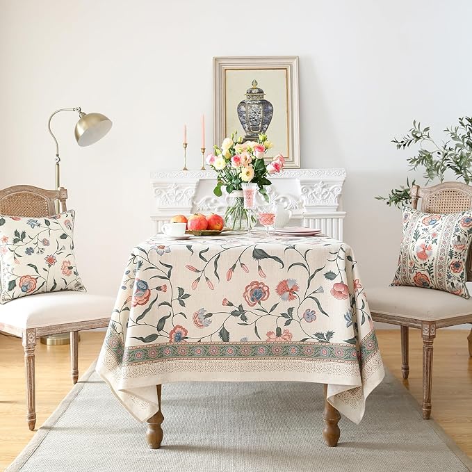 Designer Chinoiserie Linen Floral Small Square Tablecloth,White Wrinkle Resistant Table Cloth,Elegant Decor Tablecloths for Dining Thanksgiving Kitchen Party Christmas,55"*55"-Daffy