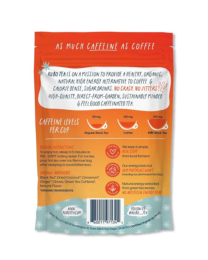Kubo Tea, Coconut Chai Black Tea, Organic High Caffeine Blend, 20 Servings (155mg Caffeine each), Pyramid Tea Bags, Compostable & Biodegradable Packaging, Brew Hot or Iced, Healthy Coffee Substitute