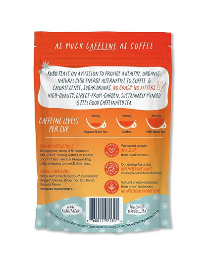 Kubo Tea, Coconut Chai Black Tea, Organic High Caffeine Blend, 20 Servings (155mg Caffeine each), Pyramid Tea Bags, Compostable & Biodegradable Packaging, Brew Hot or Iced, Healthy Coffee Substitute