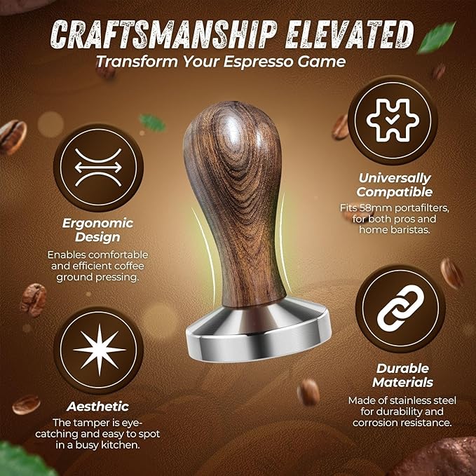 Flexzion Coffee Tamper 58mm Espresso Tamper Tool, Stainless Steel Barista-Quality Hand Press Espresso Maker with Ergonomic Wooden Handle