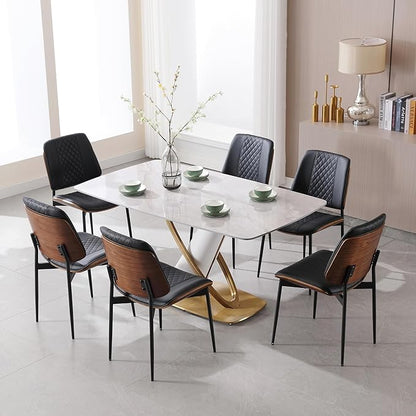 BV Dining Chairs Set of 6, PU Leather Armless Kitchen Chair in Modern Walnut Style, Mid Century Bentwood Side Chair with Metal Legs, Retro Accent Guest Chair for Kitchen Dining Room(Black)