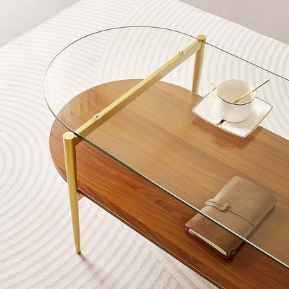 Oval Glass Coffee Table, Mid-Century Modern Design, L41 x W21 x H17 inch, for Living Room, 2-Tier Structure, Clear Glass Top and Walnut Finish Wood Shelf, Conical Legs with Gold Finish Frame