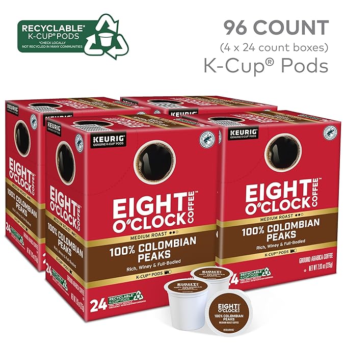 Eight O'Clock Coffee Colombian Peaks Keurig Single-Serve K-Cup Pods, Medium Roast Coffee, 96 Count (Pack of 4)