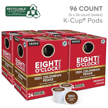 Eight O'Clock Coffee Colombian Peaks Keurig Single-Serve K-Cup Pods, Medium Roast Coffee, 96 Count (Pack of 4)