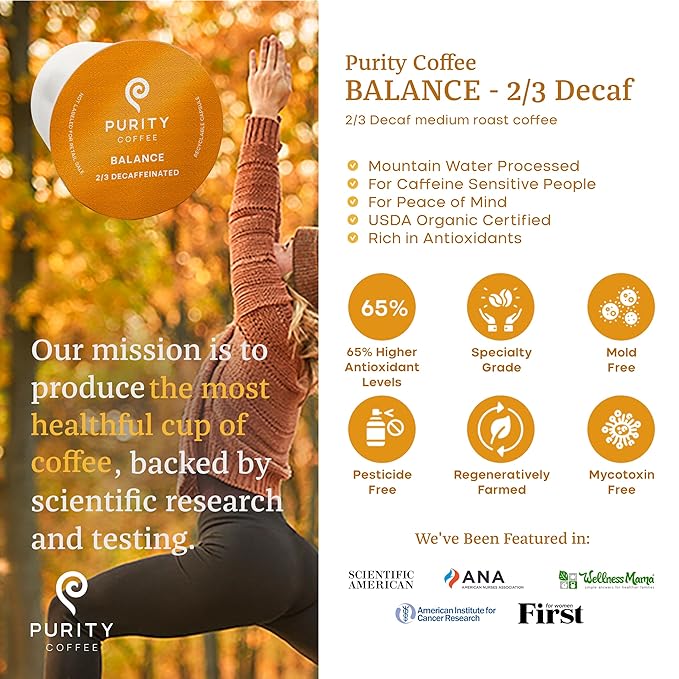 Purity Coffee BALANCE 2/3 Decaf Medium Roast Coffee Single-Serve K Pods (12ct Cups) - Specialty-Grade Mountain Water Processed Decaf + Regular Arabica Blend- USDA Certified Organic Decaffeinated - Third Party Tested for Mold, Mycotoxins, Pesticide Residue