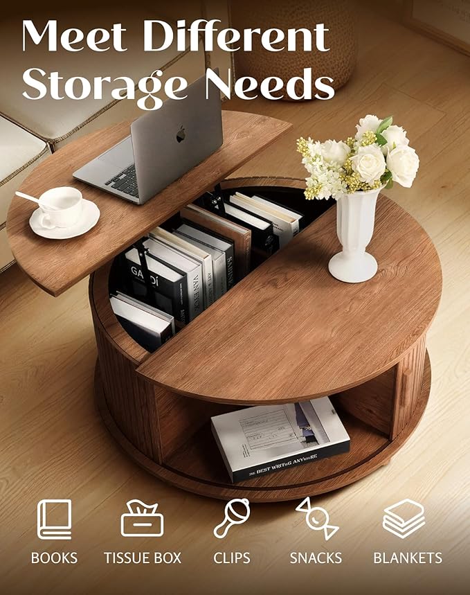 Round Lift Top Coffee Table with Storage, Mid Century Modern Center Table with 180° Sliding Tambour Door, Small Circle Wood Fluted Dining Table for Living Room, Walnut