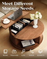 Load image into Gallery viewer, Round Lift Top Coffee Table with Storage, Mid Century Modern Center Table with 180° Sliding Tambour Door, Small Circle Wood Fluted Dining Table for Living Room, Walnut