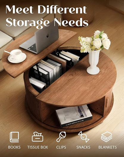 Round Lift Top Coffee Table with Storage, Mid Century Modern Center Table with 180° Sliding Tambour Door, Small Circle Wood Fluted Dining Table for Living Room, Walnut