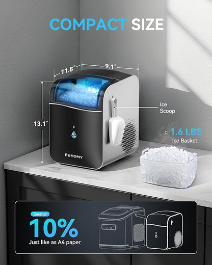 EUHOMY Smart Nugget Ice Maker Countertop, Pebble Ice Maker Machine with APP Control, 40lbs/24H, Ready in 7 Mins, Self-Cleaning, Portable Sonic Ice Makers with Hanging Ice Scoop for Home/Kitchen/Office