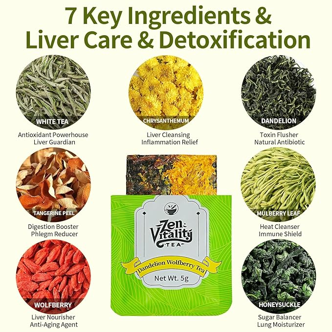 ZenVitality - Dandelion Wolfberry Tea dandelion Leaf & Root tea Organic 15 Bags Supports Kidneys & Liver Health Goji Berry Chrysanthemum Cassia Seed tea-Non-GMO Support Digestion & Boost Immune System
