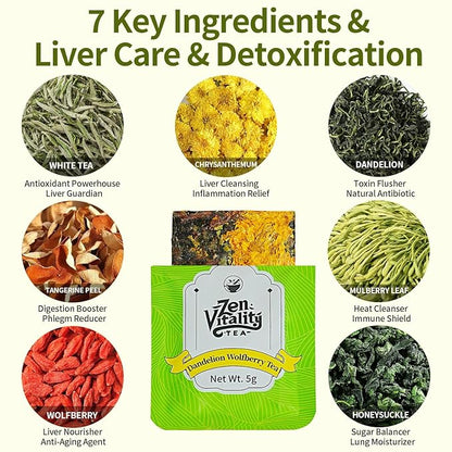 ZenVitality - Dandelion Wolfberry Tea dandelion Leaf & Root tea Organic 15 Bags Supports Kidneys & Liver Health Goji Berry Chrysanthemum Cassia Seed tea-Non-GMO Support Digestion & Boost Immune System