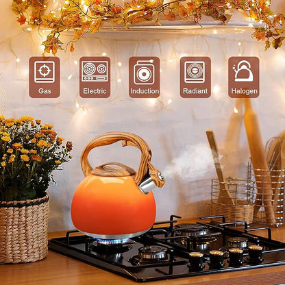 GGC Tea Kettle for Stove Top, 3.1QT/3L Whistling Tea Kettles for Boiling Water, Coffee or Milk, Red Sunset Tea Pot with Wood Pattern Handle, Stainless Steel Tea Pot for Home and Kitchen