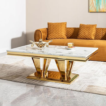 Marble Grain Coffee Table with Gold Stainless Steel Pedestal,Modern Coffee Tables,Rectangualr Living Room Table with Faux Marble Top & Luxury Legs,Imitaion Marble Grain Cocktail Center Table 51.18inch