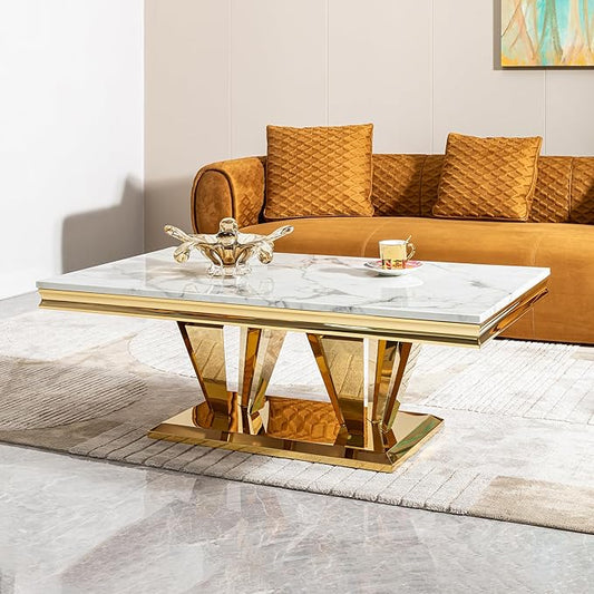 Marble Grain Coffee Table with Gold Stainless Steel Pedestal,Modern Coffee Tables,Rectangualr Living Room Table with Faux Marble Top & Luxury Legs,Imitaion Marble Grain Cocktail Center Table 51.18inch