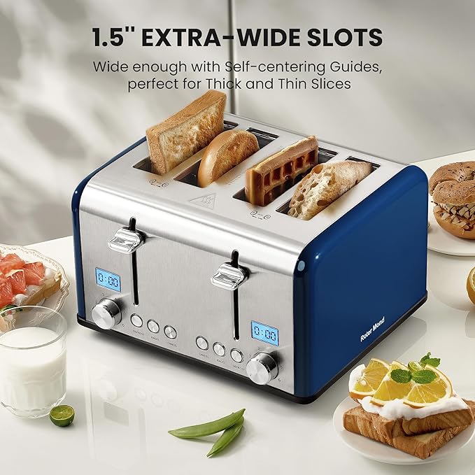 Roter Mond Countdown Stainless Steel 4 Slice Toaster with Bagel, Defrost, Cancel Function, Dual Toaster, Extra Wide Slots, 6 Shade Settings, Removable Crumb Trays, 1650W, Blue