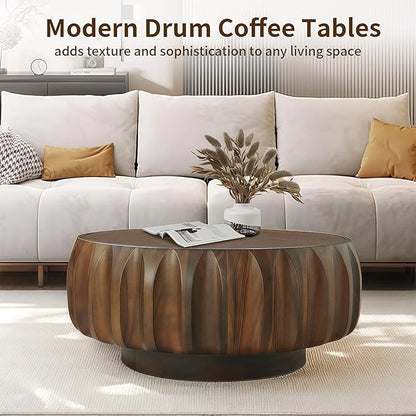 31.5" Round Coffee Table Drum Table Contemporary Wood Fluted Centry Table with Solid Wood Veneer for Living Room (Walnut)