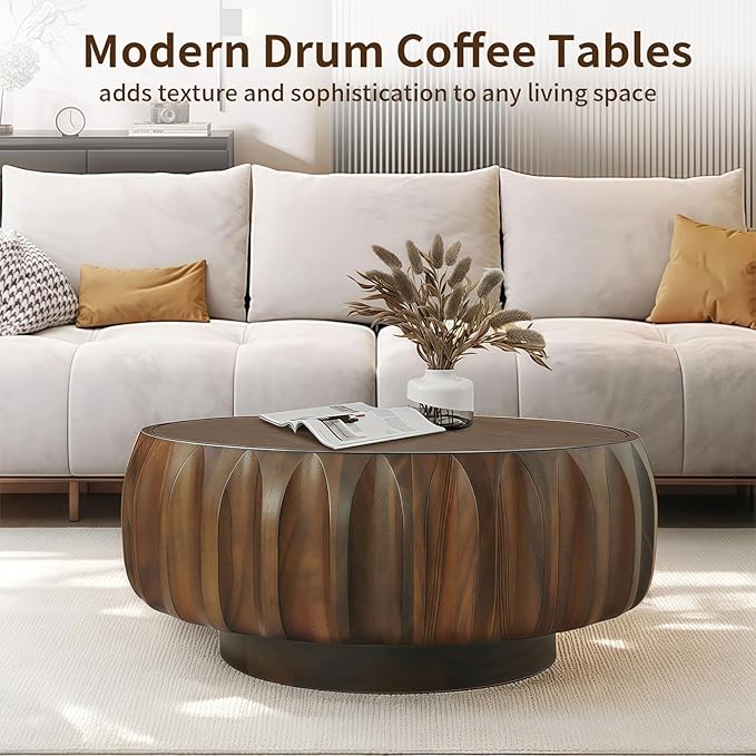 31.5" Round Coffee Table Drum Table Contemporary Wood Fluted Centry Table with Solid Wood Veneer for Living Room (Walnut)