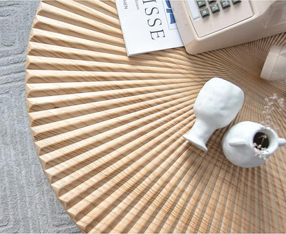 LONYKE 2-Piece Farmhouse Nesting Table Round with Handcrafted Wood Radial Pattern, Modern Coffee Table Set for Living Room