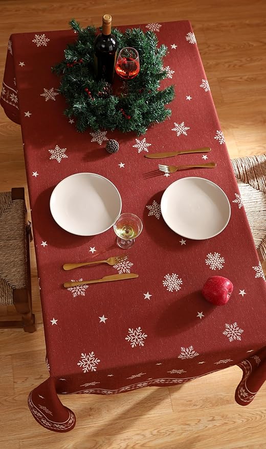 Designer Christmas Red Square Tablecloth,Linen Table Cloth with Snowflakes Pattern,Wrinkle Resistant Decor Tablecloths for Dining Kitchen Thanksgiving Christmas,67"*67"-Carol C