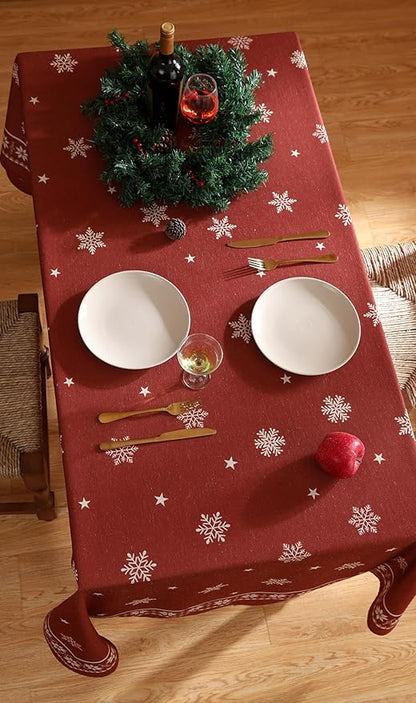 Designer Christmas Red Rectangular Tablecloth,Linen Table Cloth with Snowflakes Pattern,Wrinkle Resistant Decor Tablecloths for Dining Kitchen Thanksgiving Christmas,55"*87"-Carol C