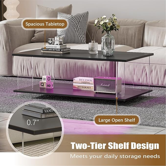 43" Acrylic Coffee Table with Black Wood Top, Minimalist Stylish Modern Rectangular Center Tables for Living Room, Led Living Room Table with Storage Shelf & Acrylic Frame for Small Space