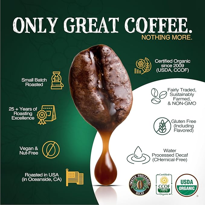 The Bean Organic Coffee Company Water Processed DECAF California Blend, Medium Roast, Whole Bean Coffee, 16-Ounce Bag