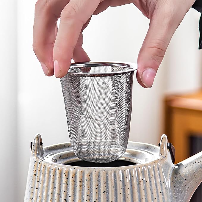 Yundu Grey with Blue Ceramic Teapots, 1000ml/33.8oz Tea Kettle, Enough for 4 Cups, Tea pot with infusers for loose tea, Striped Tea Pot with Removable Tea infuser