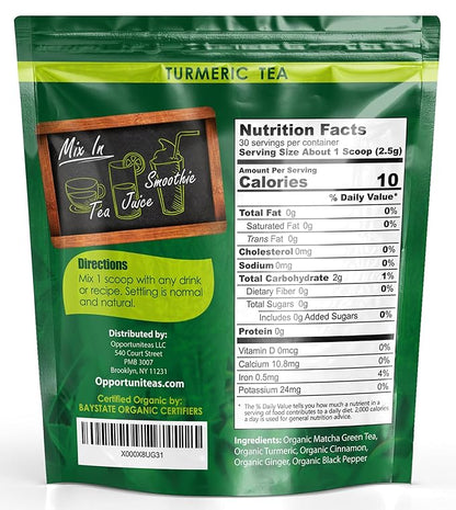 Opportuniteas Organic Turmeric Tea Powder - Matcha Green Tea, Turmeric, Cinnamon, Ginger, Black Pepper - Natural Joint Support - Vegan & Non-GMO - 30 Servings