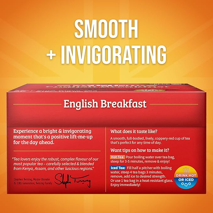 Twinings English Breakfast Black Tea Individually Wrapped Bags, 50 Count (Pack of 6), Flavourful, Robust, Caffeinated, Enjoy Hot or Iced, 300 Teabags