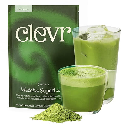 Clevr Blends Organic Matcha Green Tea Latte, Instant Ceremonial Grade, Superfood Powder Blend with Oat Milk, Lions Mane, Reishi Mushroom, Coconut Cream, Ashwagandha, Serve Hot or Iced, (14 Lattes)