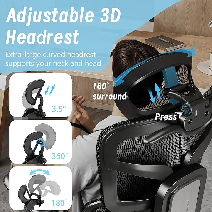 High-Back Ergonomic Mesh Office Chair, Modern Executive Desk Chair with 4D Armrests Computer Task Chair (Black Mesh Dual Lumbar Support)