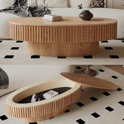 47 Inch Oval Drum Coffee Table with Storage, Handcraft Fluted Drum Coffee Table, Modern Wooden Oval Cocktail Tea Table Center Table with Sturdy Pedestal for Living Room Apartment (Natural)